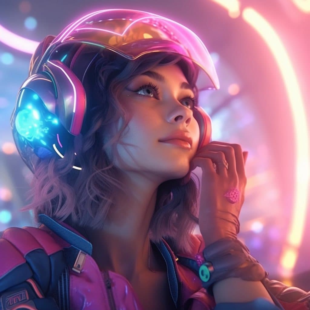 A digital illustration of a woman with wavy hair wearing futuristic, neon-lit headphones and a pink jacket, set against a vibrant, glowing background. She is looking upward with a thoughtful expression, her hand resting near her face. The image has a cyberpunk aesthetic with strong pink and blue lighting.