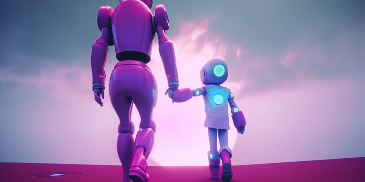 A 3D-rendered illustration of a large, purple humanoid robot walking hand-in-hand with a smaller, white and blue robot against a soft, pastel-colored sky. The larger robot is seen from behind, while the smaller robot has a round head with a glowing blue visor and chest light.