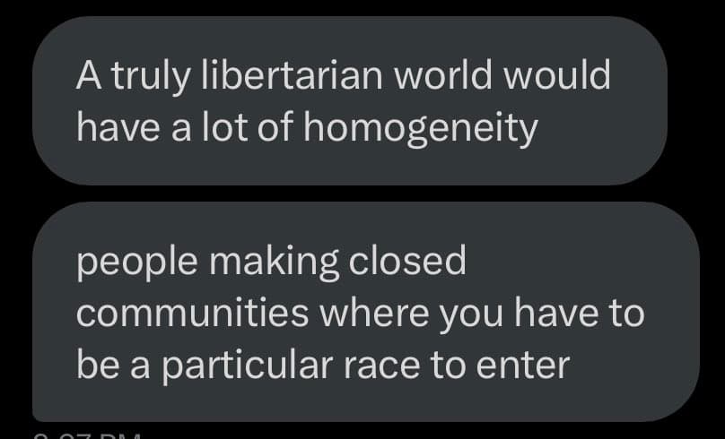 A screenshot of a text message conversation showing two dark gray message bubbles on a black background. The first bubble reads, "A truly libertarian world would have a lot of homogeneity." The second bubble reads, "people making closed communities where you have to be a particular race to enter."
