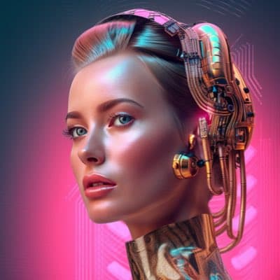 A digital artwork depicting a woman with a human face and a cybernetic head and neck featuring exposed wires and mechanical components, set against a pink and blue background.