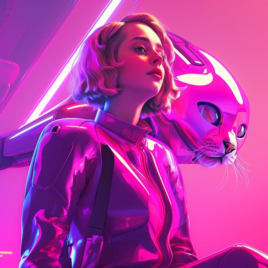 A digital illustration in a vibrant, neon-pink cyberpunk style featuring a person with short blonde hair wearing a glossy, futuristic jacket, with a stylized cat head visible behind them. The image has a smooth, 3D-rendered aesthetic with strong pink and purple lighting. There is no legible text in the image.