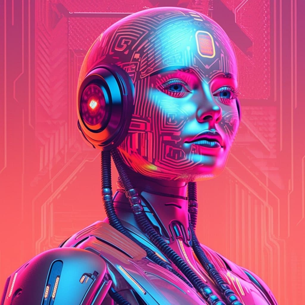 A digital illustration of a humanoid robot with a metallic face and circuit-like patterns, bathed in neon pink and blue lighting. The robot has a large, circular earpiece and visible cables running down its neck, set against a background of abstract circuit board designs.