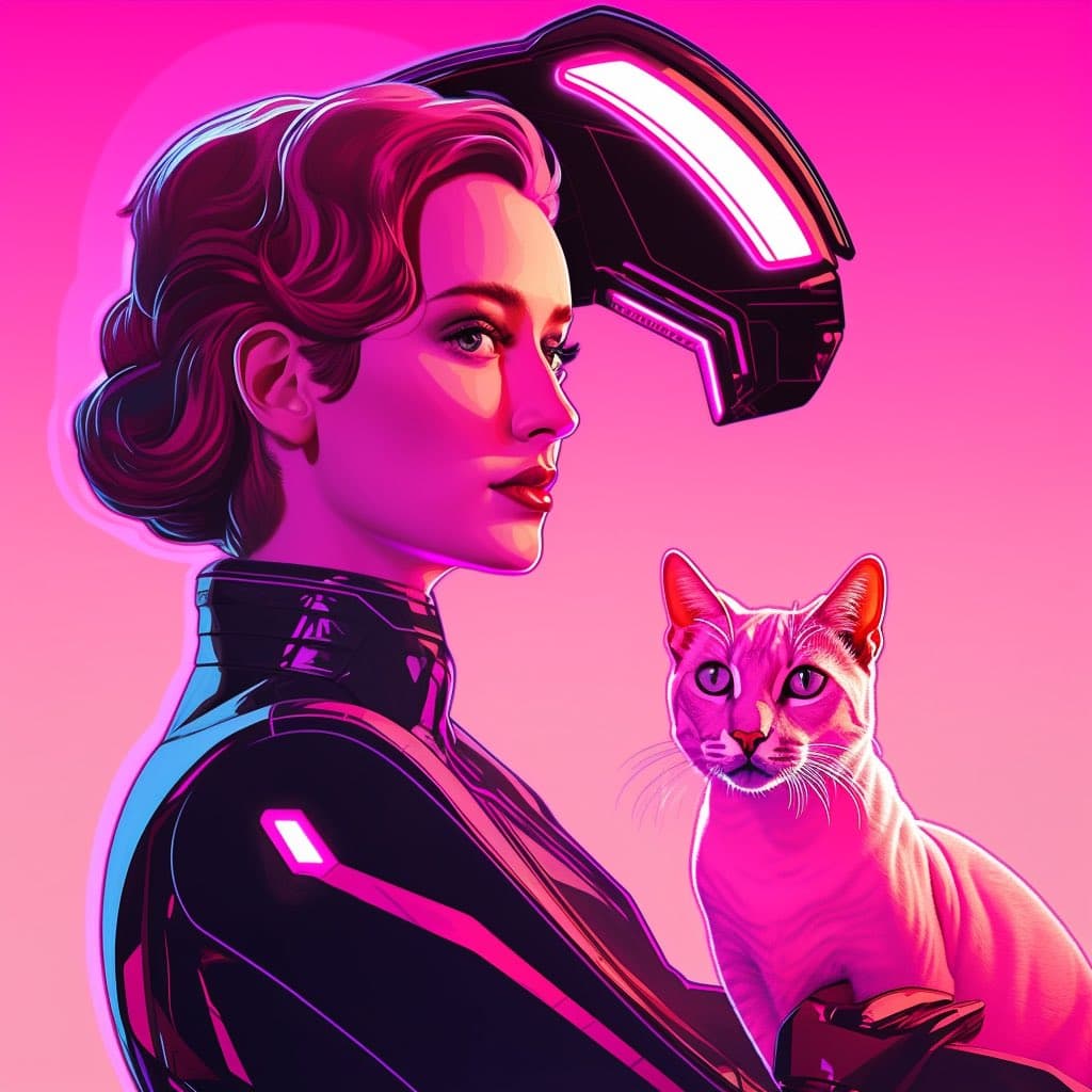 A stylized, neon-pink digital illustration of a woman in futuristic armor holding a cat, with a glowing sci-fi helmet hovering beside her head.