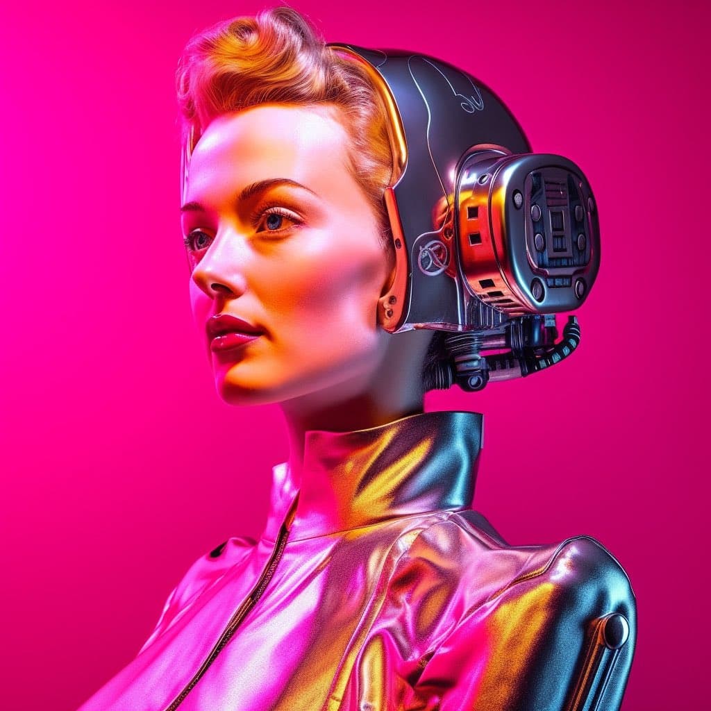 A digital illustration of a woman with short blonde hair wearing a metallic, futuristic headpiece and a shiny, iridescent jacket against a vibrant pink background. The image has a cyberpunk aesthetic with strong lighting and reflective surfaces.