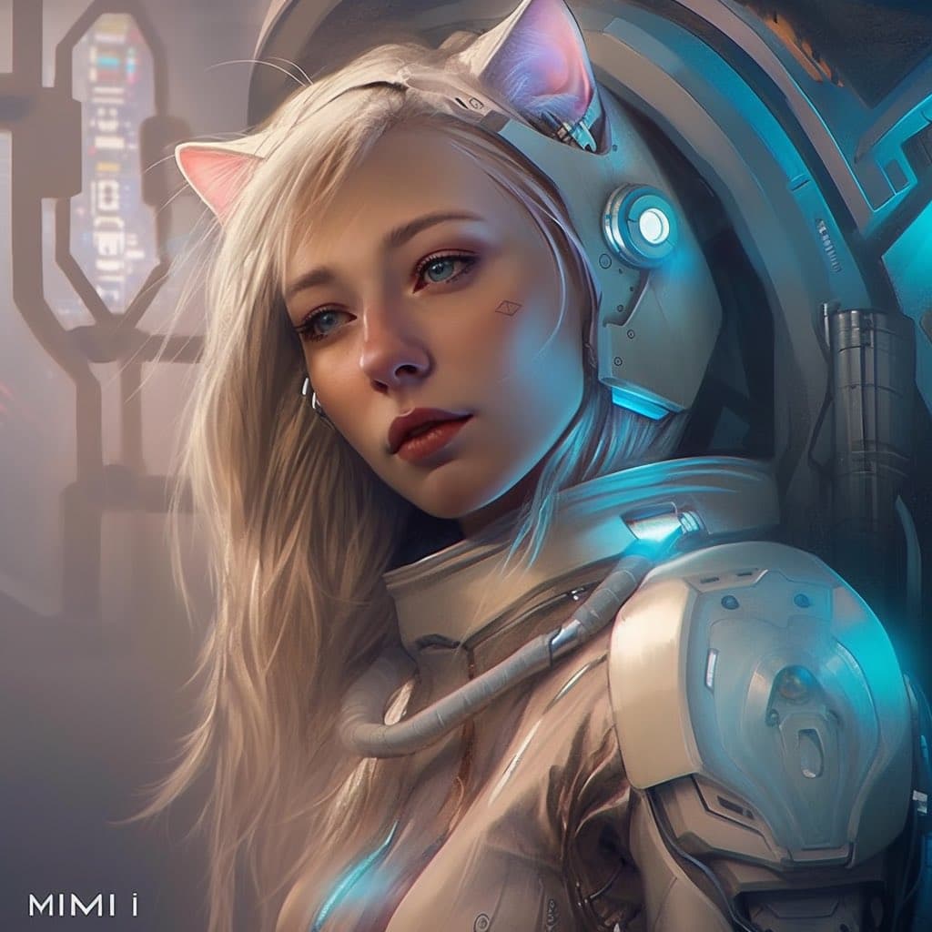 A digital illustration of a woman with long blonde hair and blue eyes, wearing a futuristic white and silver sci-fi suit with cat ears. She is shown from the chest up against a blurred, high-tech background with blue lighting. The text 'MIMI i' is visible in the bottom left corner.