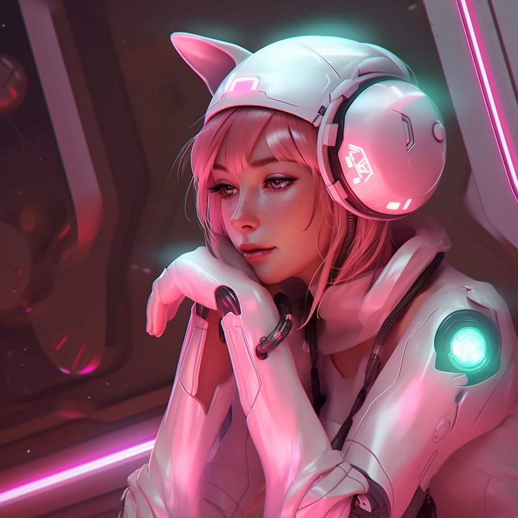 A digital illustration of a young woman with pink hair and cat ears, wearing a white futuristic helmet and headset, resting her chin on her hands in a sci-fi setting. The image is bathed in pink and teal neon lighting. There is no legible text in the image.