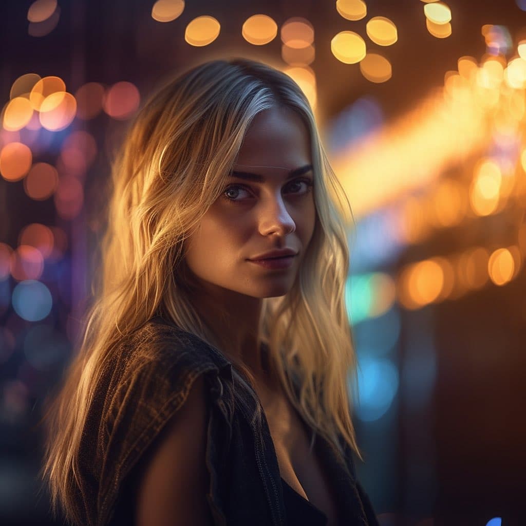 A portrait of a young woman with long blonde hair, looking over her shoulder at the camera. She is wearing a dark, textured top and is set against a blurred background of warm, glowing city lights at night.