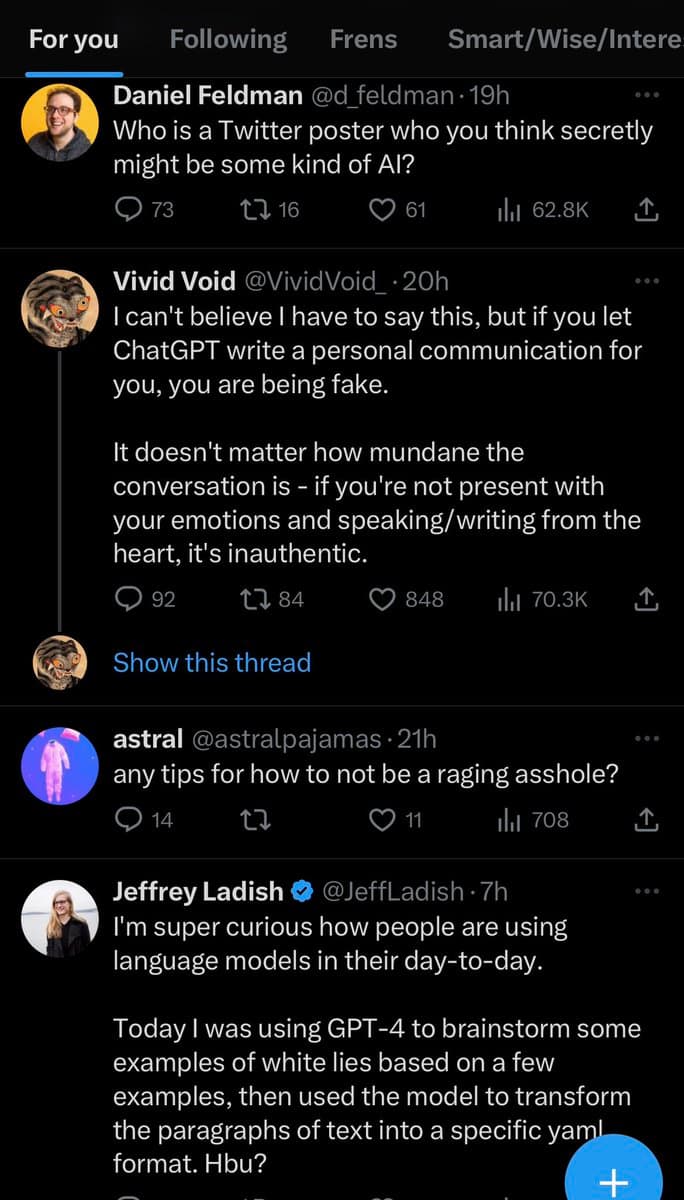 A screenshot of a Twitter 'For you' feed showing a thread of posts discussing the use of AI in personal communication. The posts are from users Daniel Feldman, Vivid Void, astral, and Jeffrey Ladish.