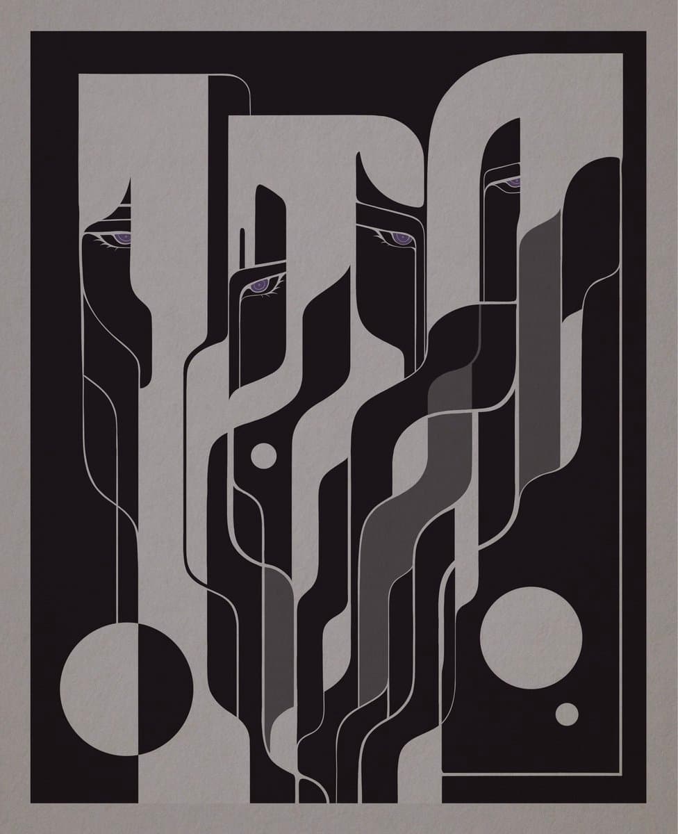 A minimalist, abstract graphic poster featuring four stylized, elongated faces with purple eyes, rendered in black, white, and gray tones. The composition uses flowing, interlocking lines and geometric shapes to create a sense of depth and entanglement, with circular elements at the bottom.