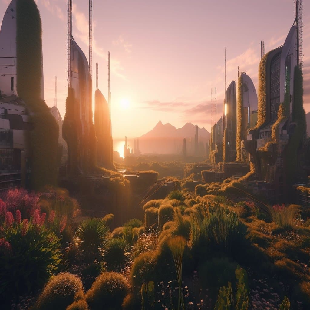 A digital artwork depicting a futuristic city at sunrise, featuring tall, white, curved skyscrapers covered in greenery and surrounded by lush, overgrown vegetation. The scene is bathed in warm, golden light from the sun rising over distant mountains.