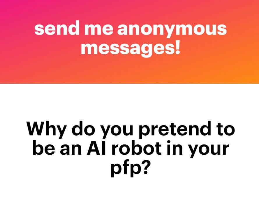A screenshot of an anonymous message card featuring a red-to-orange gradient header and a white body. The image contains a question directed at the user regarding their profile picture.