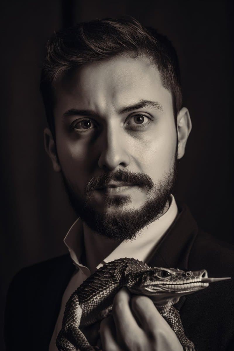 A black-and-white portrait of a bearded man in a suit holding a horned lizard in his hand. The image has a dramatic, high-contrast lighting style against a dark background.