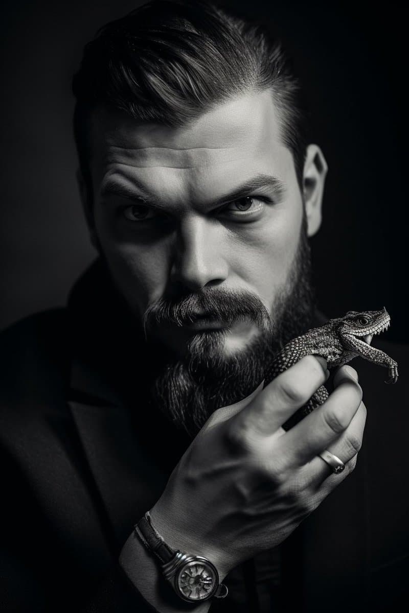A black-and-white portrait of a bearded man with a serious expression, holding a small lizard in his hand. He is wearing a wristwatch and a ring.