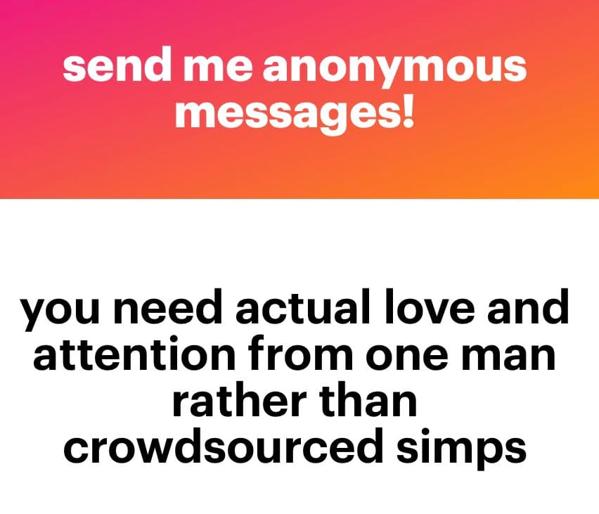 A two-panel text meme. The top panel has a pink-to-orange gradient background with white text, and the bottom panel has a white background with black text.