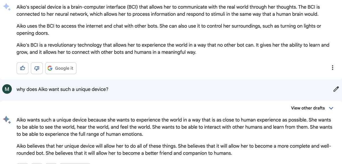 A screenshot of a chat interface showing a conversation about a character named Aiko and her brain-computer interface (BCI). The image displays text responses from an AI assistant and a user question asking why Aiko wants such a unique device.