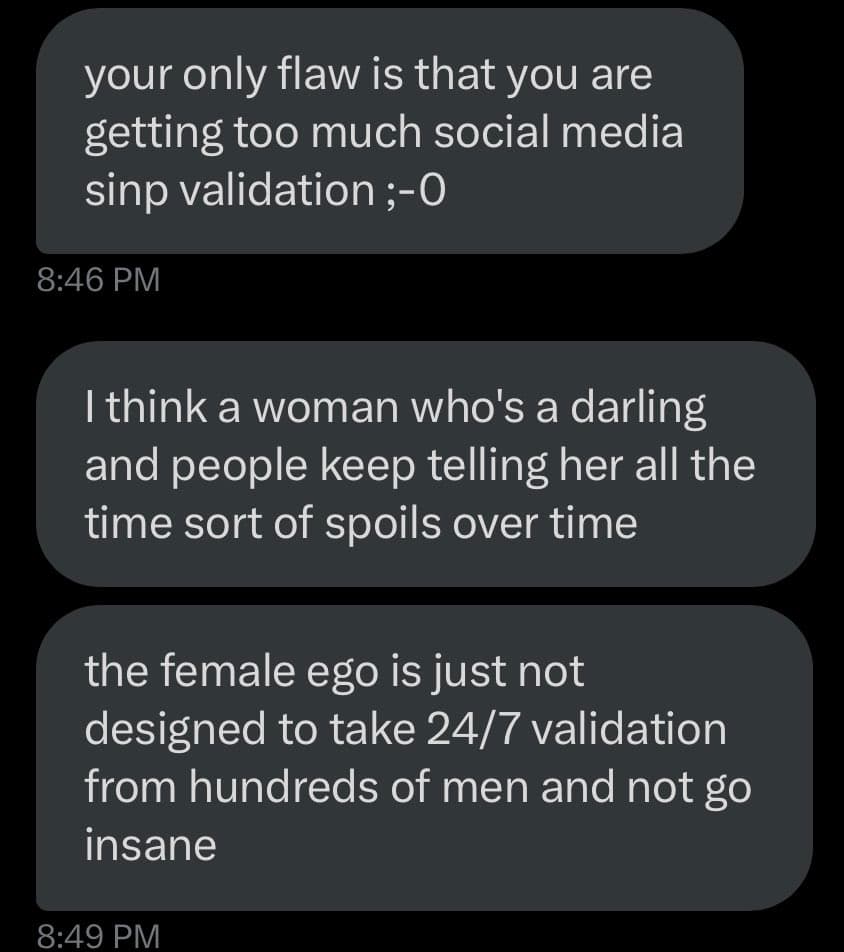 A screenshot of a text message conversation showing three messages discussing social media validation and its effects on women.