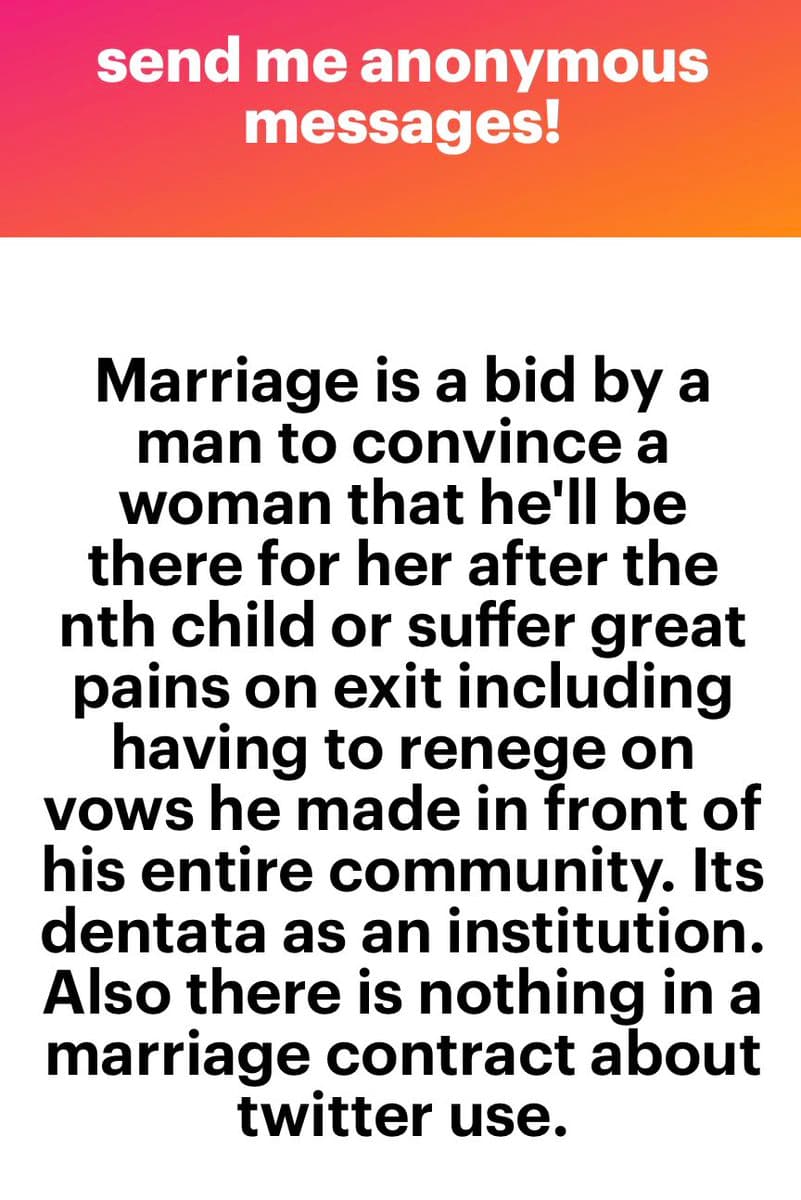 A text-based social media post featuring a red-to-orange gradient header and a white body with black text. The image presents a humorous, anonymous message about the nature of marriage.