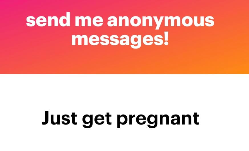 A two-panel image with a pink-to-orange gradient top section and a white bottom section. The top contains white text reading 'send me anonymous messages!' and the bottom contains black text reading 'Just get pregnant'.