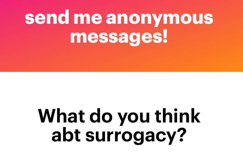 A text-based graphic featuring a pink-to-orange gradient header and a white body. The image poses a question to the viewer about their opinion on surrogacy.