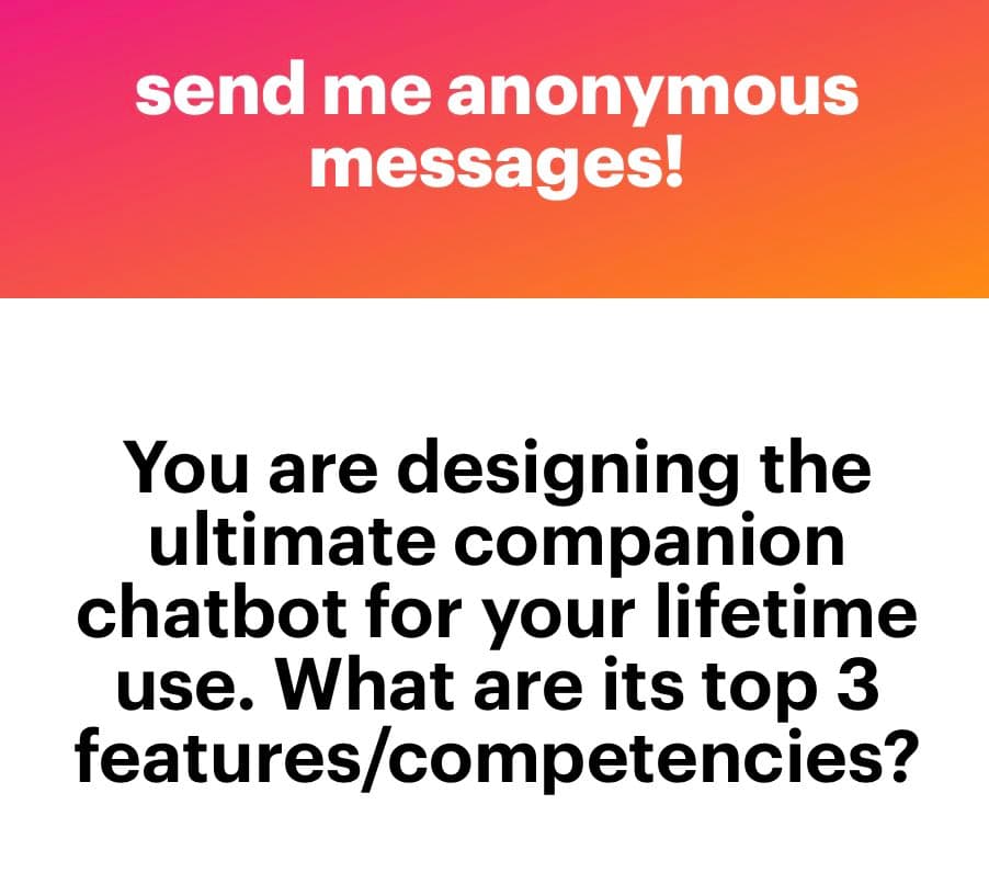 A text-based social media post featuring a pink-to-orange gradient header and a white body. The image poses a question about designing a companion chatbot.