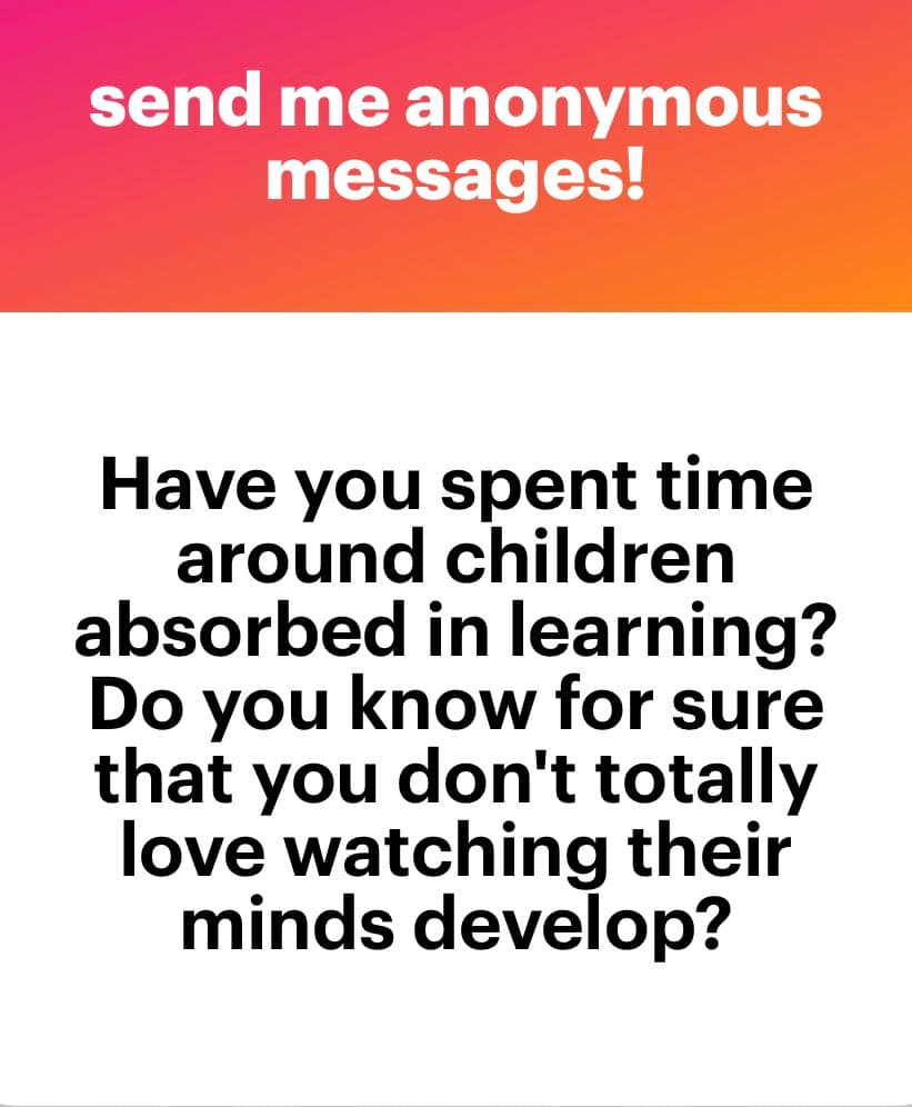 A text-based image with a pink-to-orange gradient header and a white body. The header contains a call to action, while the body poses a question about observing children learning.