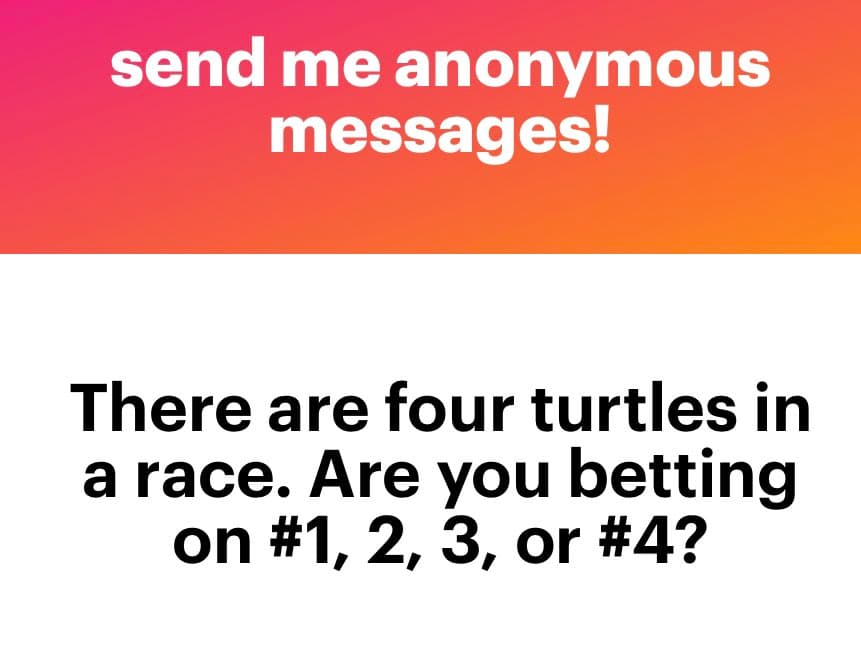 A text-based image with a pink-to-orange gradient header and a white body. The header reads 'send me anonymous messages!' and the body poses a riddle: 'There are four turtles in a race. Are you betting on #1, 2, 3, or #4?'