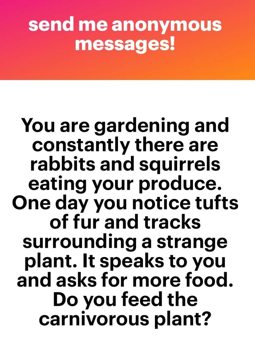 A text-based social media graphic with a red-to-orange gradient header and a white body. It presents a short interactive story prompt.