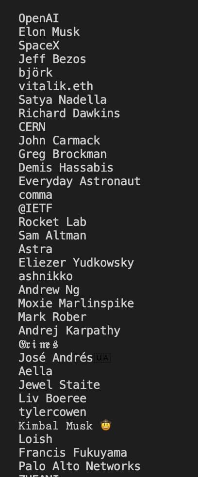 A screenshot of a text list on a dark background, showing names of people and organizations. The list includes figures from technology, science, and media, such as OpenAI, Elon Musk, SpaceX, and Jeff Bezos. The text is left-aligned and appears to be a copy-pasted list of social media accounts or handles.