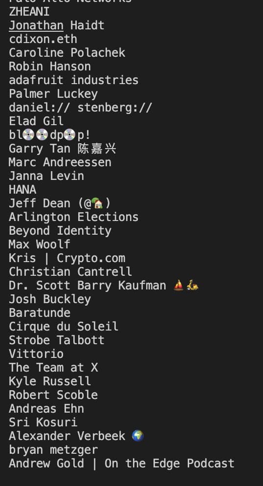 A screenshot of a text list on a dark background, showing a series of names and handles. The text is in a monospaced font and appears to be a list of people or accounts.