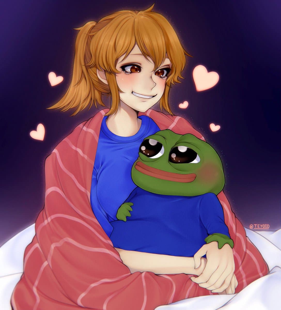 A digital illustration of a smiling young woman with orange hair in a ponytail, wrapped in a pink blanket, holding a green frog character (Pepe the Frog) dressed in a blue shirt. The scene is set against a dark background with floating pink hearts.