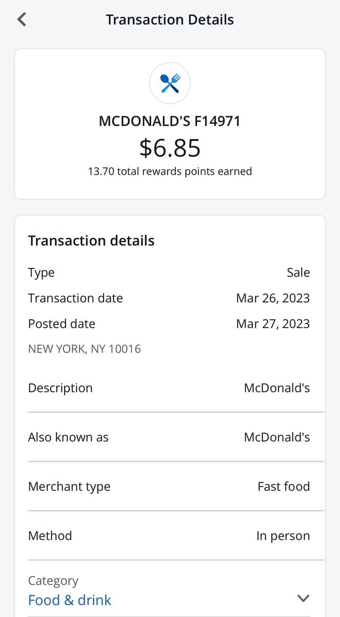A screenshot of a mobile banking app's 'Transaction Details' page showing a $6.85 purchase at McDonald's. The receipt lists the transaction date as March 26, 2023, in New York, NY, with a merchant type of 'Fast food' and a method of 'In person'.