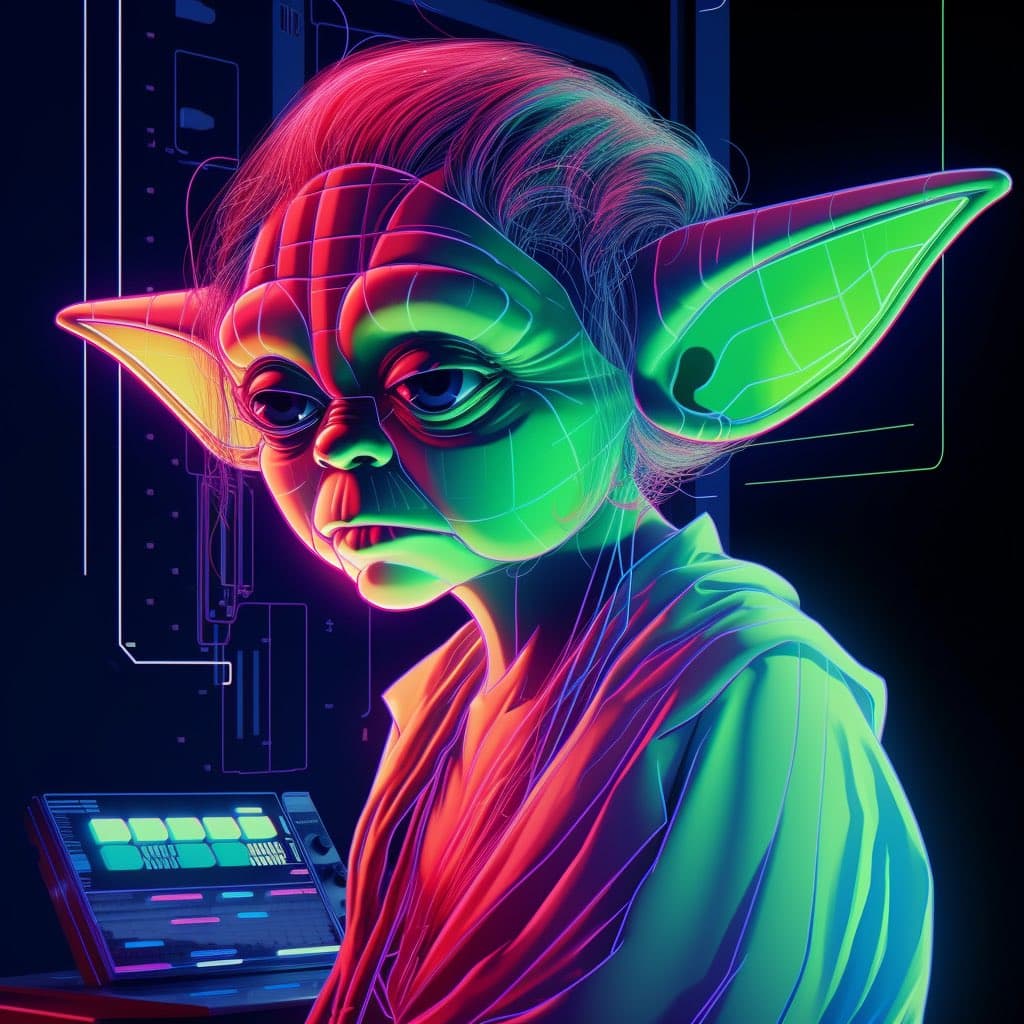 A neon-style digital illustration of a Yoda-like character with large pointed ears, glowing green and pink skin, and a hooded robe, set against a dark background with circuit-like lines and a glowing control panel.
