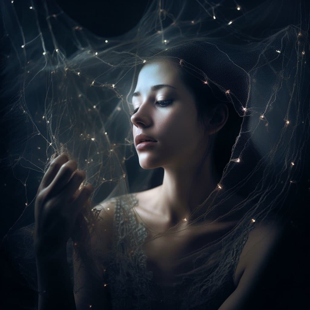 A portrait of a woman with her eyes closed, gently touching a delicate, glowing web-like structure that surrounds her. The image features a dark, ethereal background with soft, warm lighting highlighting her face and the intricate, sparkling threads.