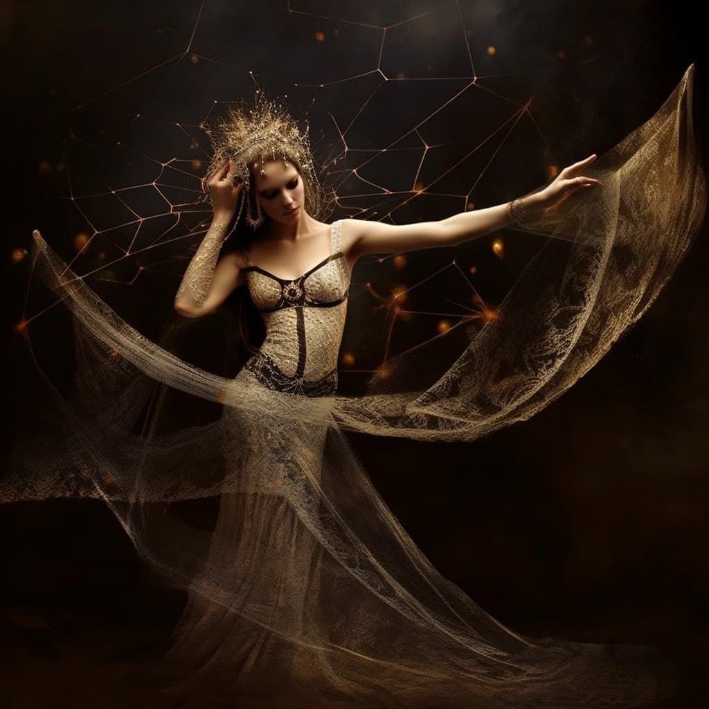 A fantasy-style digital artwork depicting a woman in an ornate, lace-like gown and crown, standing with arms outstretched against a dark background. A glowing, web-like network of lines and nodes surrounds her, connecting to her crown and flowing fabric.
