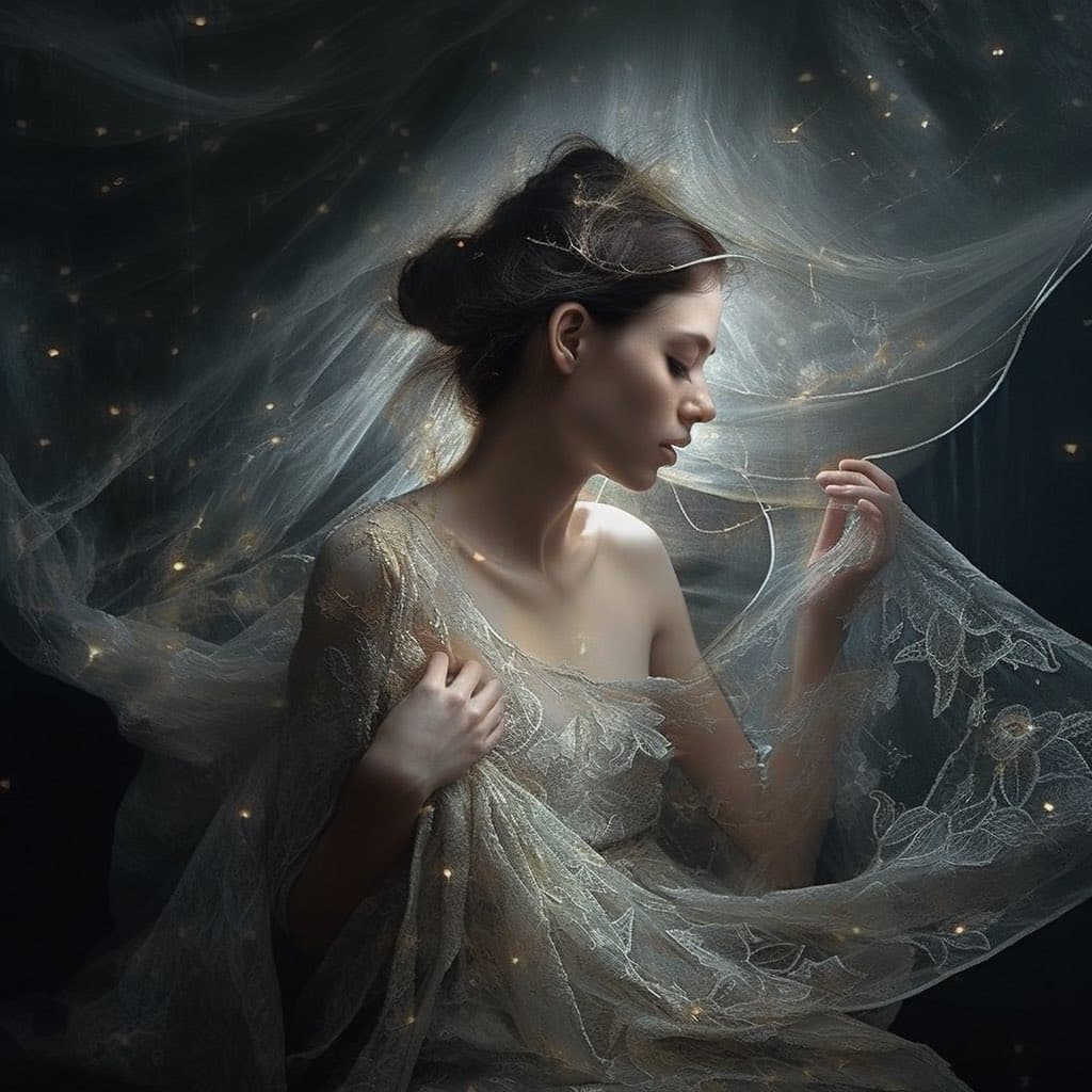 A digital artwork depicting a woman in profile, wearing a flowing, sheer white gown with intricate lace details. She is surrounded by ethereal, glowing particles and wisps of fabric against a dark background.
