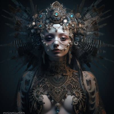 A digital artwork depicting a person with elaborate, ornate jewelry and a headdress featuring feathers and gemstones, set against a dark background. The image has a fantasy or gothic aesthetic with intricate details on the face and body.