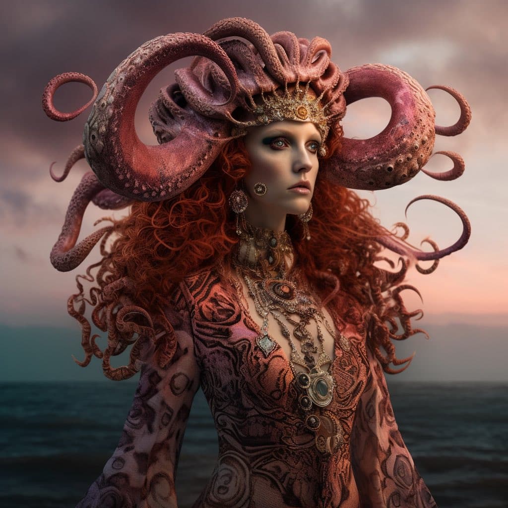 A digital fantasy portrait of a woman with long, curly red hair, wearing an ornate crown and jewelry, with large octopus tentacles forming a headdress around her head. She is dressed in a patterned, sea-themed gown and stands against a backdrop of a calm ocean and a cloudy sky at dusk. The image has a surreal, artistic style reminiscent of a sea goddess or mermaid queen.