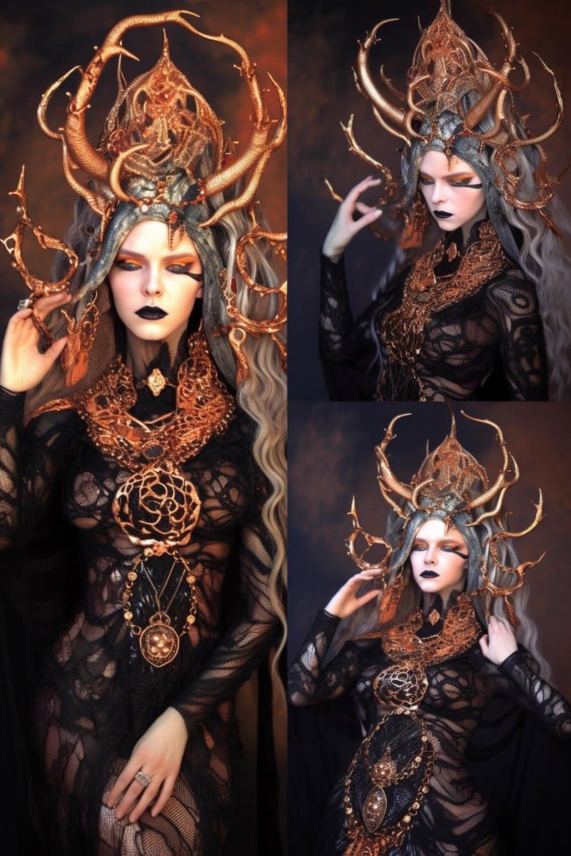 A collage of three photos showing a person in elaborate fantasy costume, featuring a black lace dress, ornate gold and bronze jewelry, and a large, intricate headpiece with antler-like elements. The person has pale skin, dark lipstick, and dramatic eye makeup, with long, wavy gray and white hair.