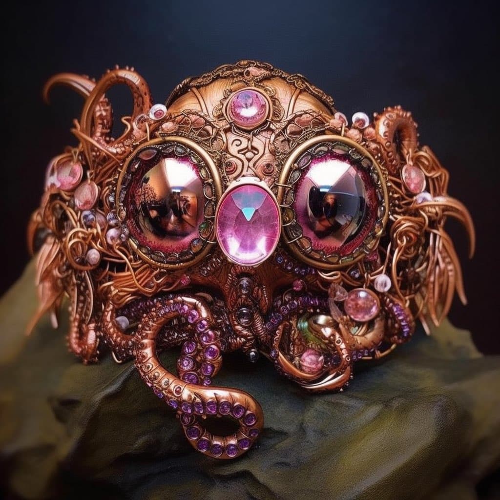 A close-up photograph of an ornate, steampunk-style octopus sculpture made of copper-colored metal and adorned with pink and purple gemstones. The creature features large, round, glass-like eyes and a prominent pink gemstone on its face, resting on a dark, textured surface.