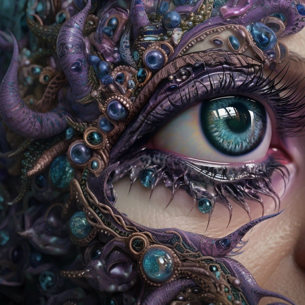 A surreal, close-up digital artwork depicting a large, detailed blue-green human eye surrounded by an intricate, organic structure of purple tentacles, spikes, and embedded blue gemstones. The image has a fantastical, biopunk aesthetic with high textural detail.