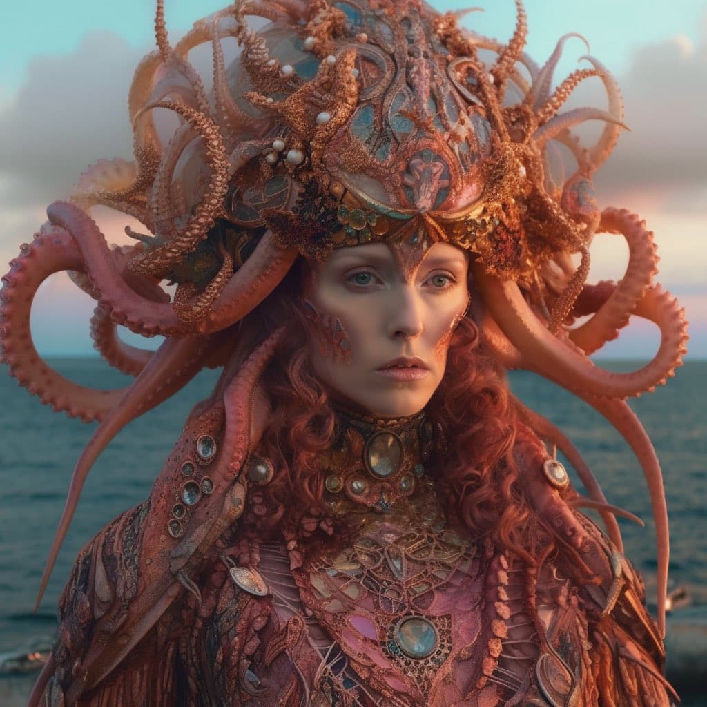 A portrait of a person with red hair wearing an elaborate, ornate headdress and outfit made of octopus tentacles and jewelry, set against a backdrop of the ocean and sky. The person has intricate facial markings and is looking directly at the camera.