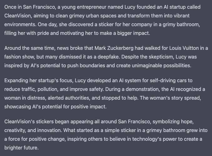 A screenshot of a text passage on a dark background, likely a generated story or article excerpt. The text describes a fictional narrative about an AI startup called CleanVision and its founder, Lucy, including details about self-driving cars and stickers in San Francisco.