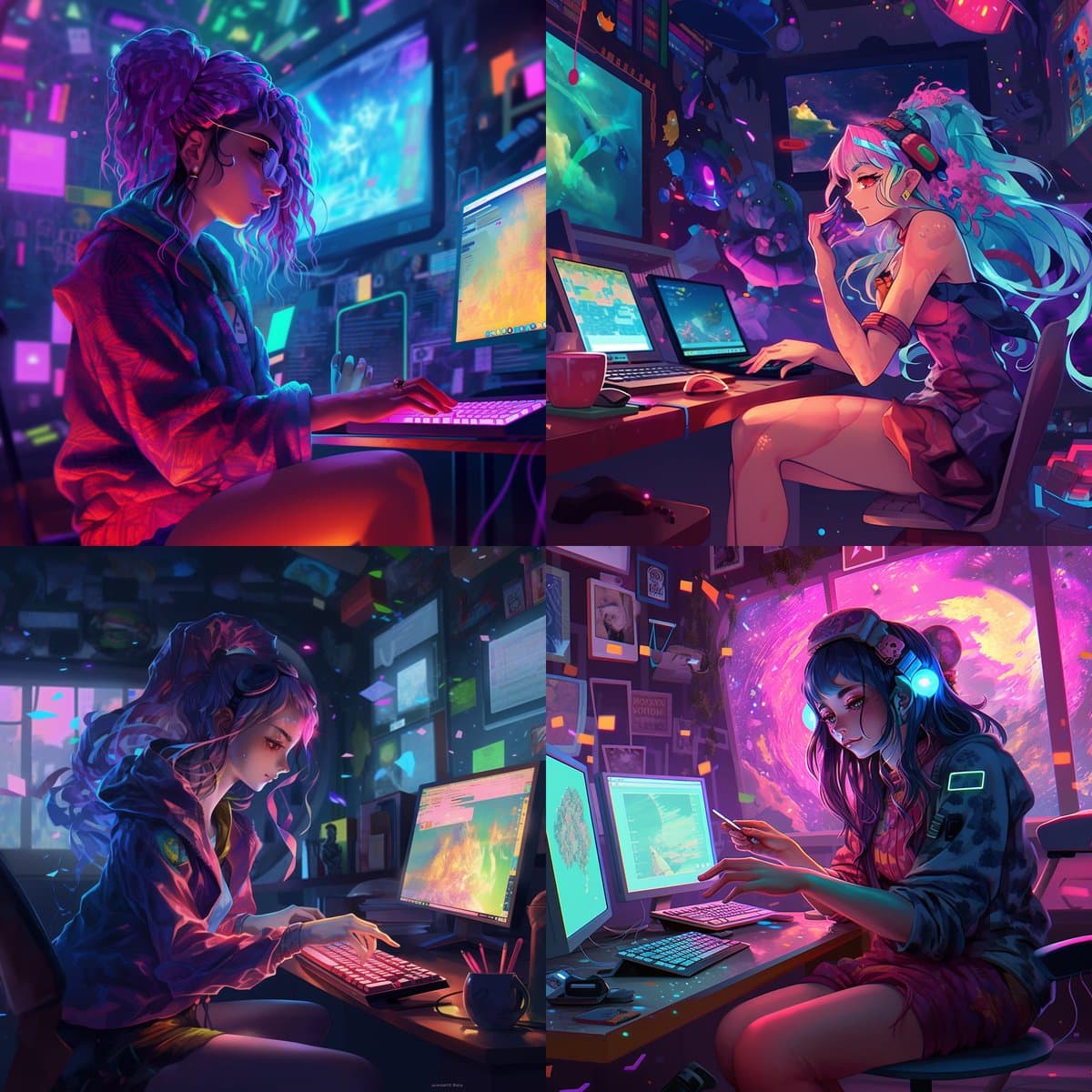 A four-panel digital art collage featuring anime-style illustrations of young women working at computer desks in vibrant, neon-lit rooms. Each panel depicts a different character in a stylized, cyberpunk-inspired setting with multiple monitors and glowing screens.