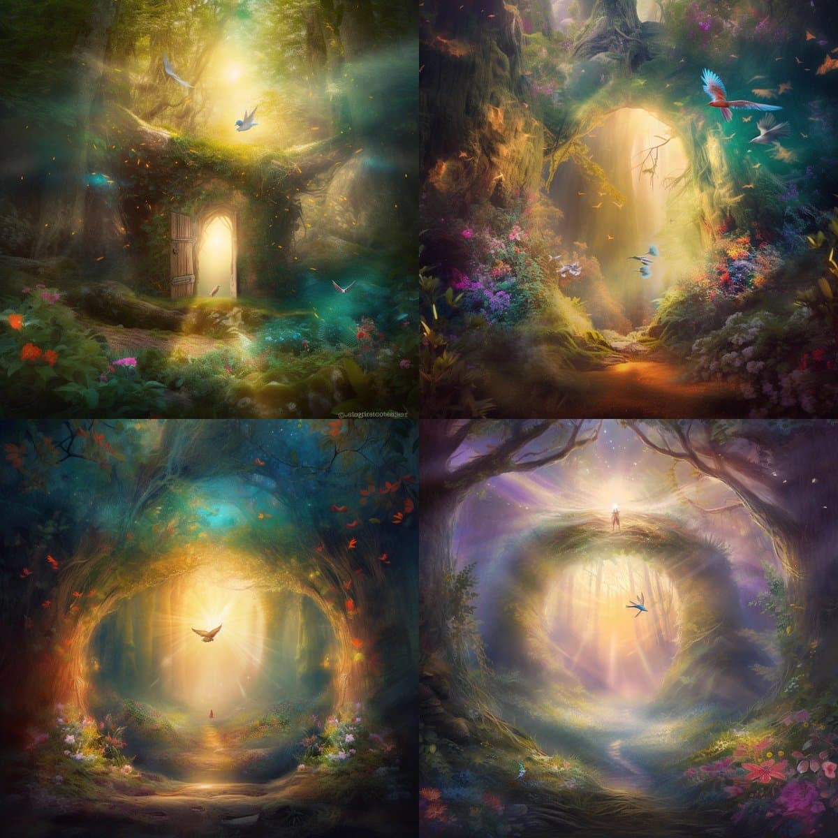 A four-panel digital art collage depicting four different fantasy forest scenes, each featuring a glowing light source, a path, and flying birds. The panels show a wooden door in a tree, a sunlit archway, a circular opening in the trees, and a figure standing on a hilltop.