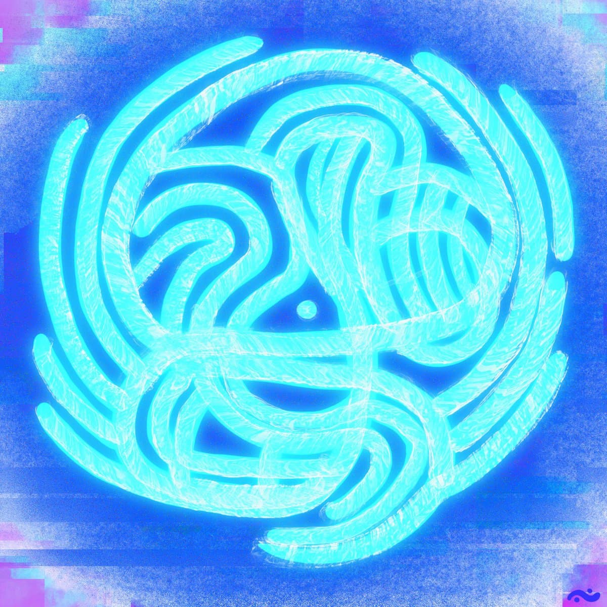 A digital art image featuring a glowing, neon-cyan abstract line drawing that resembles a stylized spider or web against a textured blue background with glitch effects. The central figure is composed of looping, rope-like strokes forming a circular shape with radiating legs.