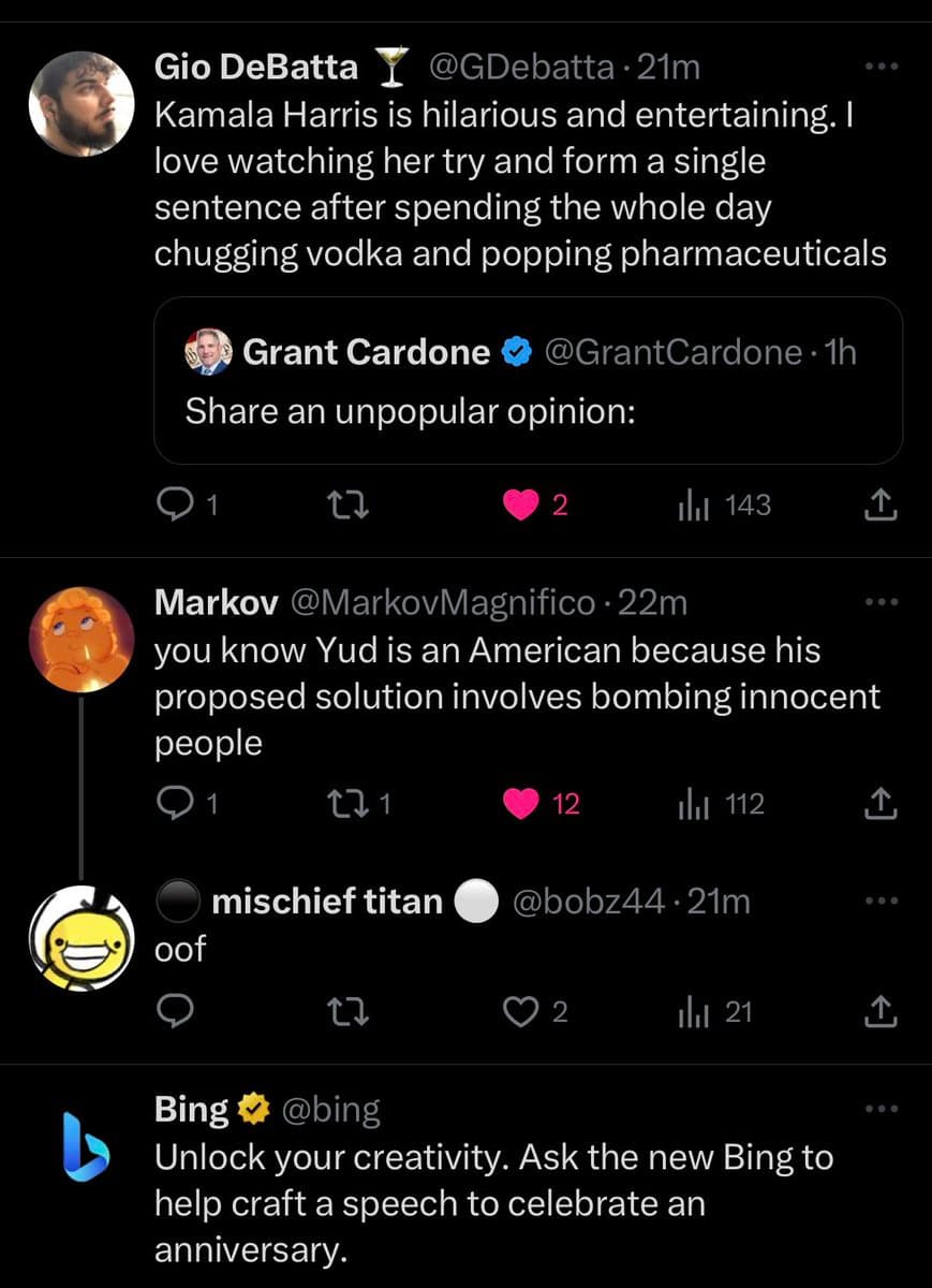 A screenshot of a Twitter thread showing a series of replies. The top tweet by Gio DeBatta quotes a tweet from Grant Cardone, followed by replies from Markov and mischief titan, and a promotional tweet from Bing at the bottom.