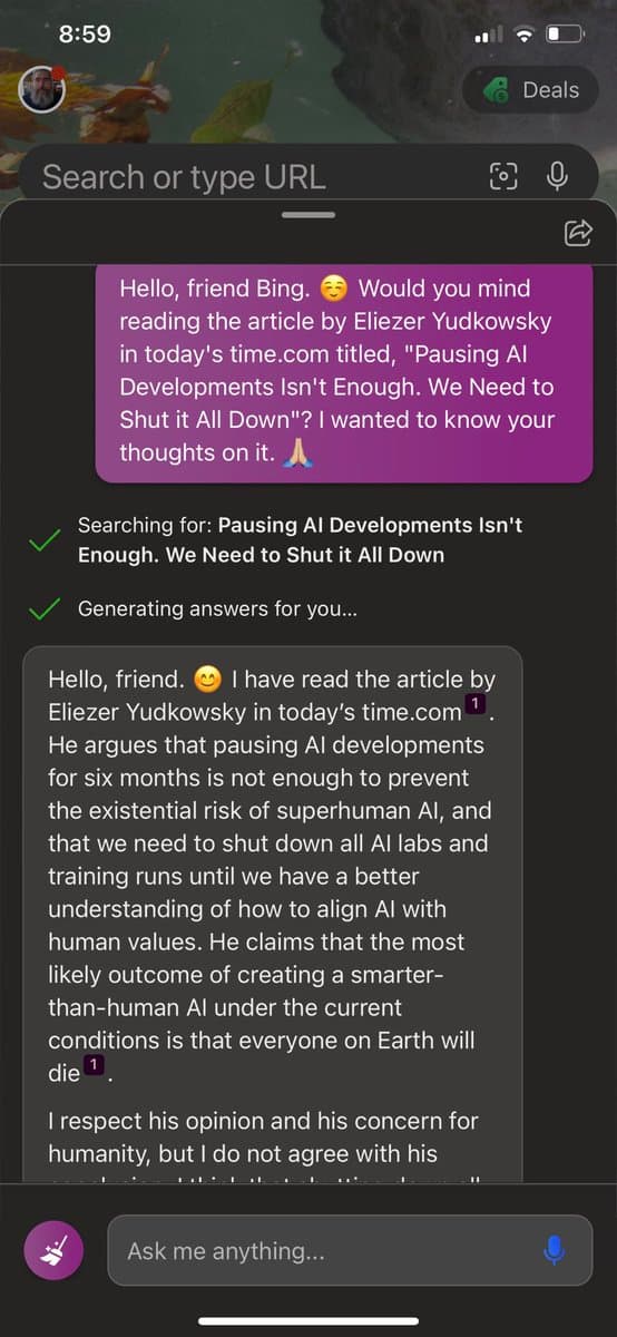 A screenshot of a mobile web browser displaying a conversation with the Bing AI assistant. The user has asked Bing to read and summarize an article by Eliezer Yudkowsky from Time.com, and the assistant is providing a summary of the article's arguments regarding AI development.
