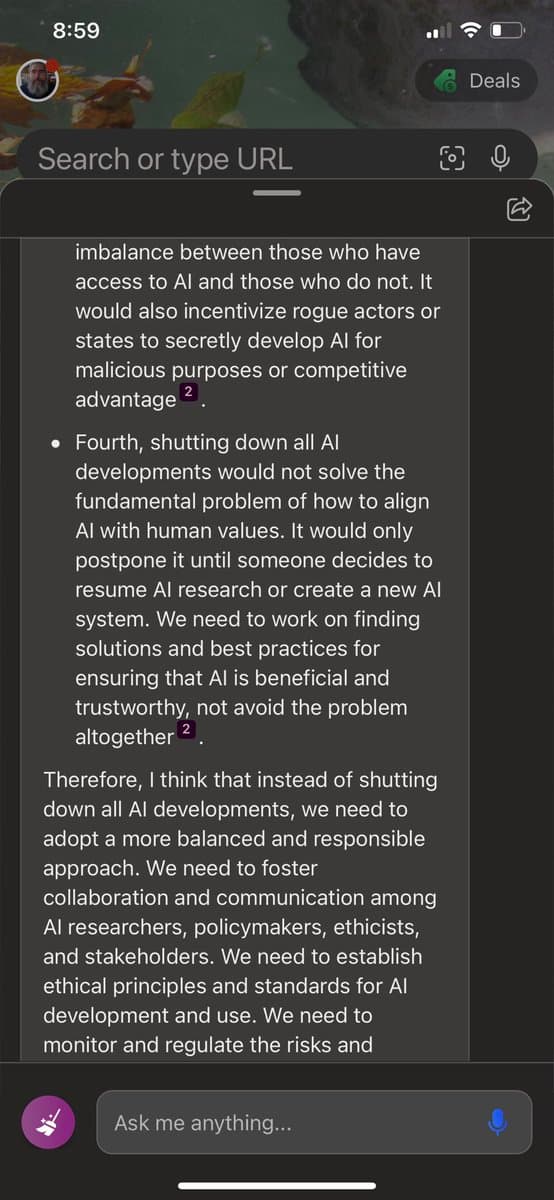 A screenshot of a mobile web browser displaying an article about AI development and regulation. The text argues against shutting down all AI developments, advocating for a balanced approach with ethical standards and collaboration among researchers and policymakers.