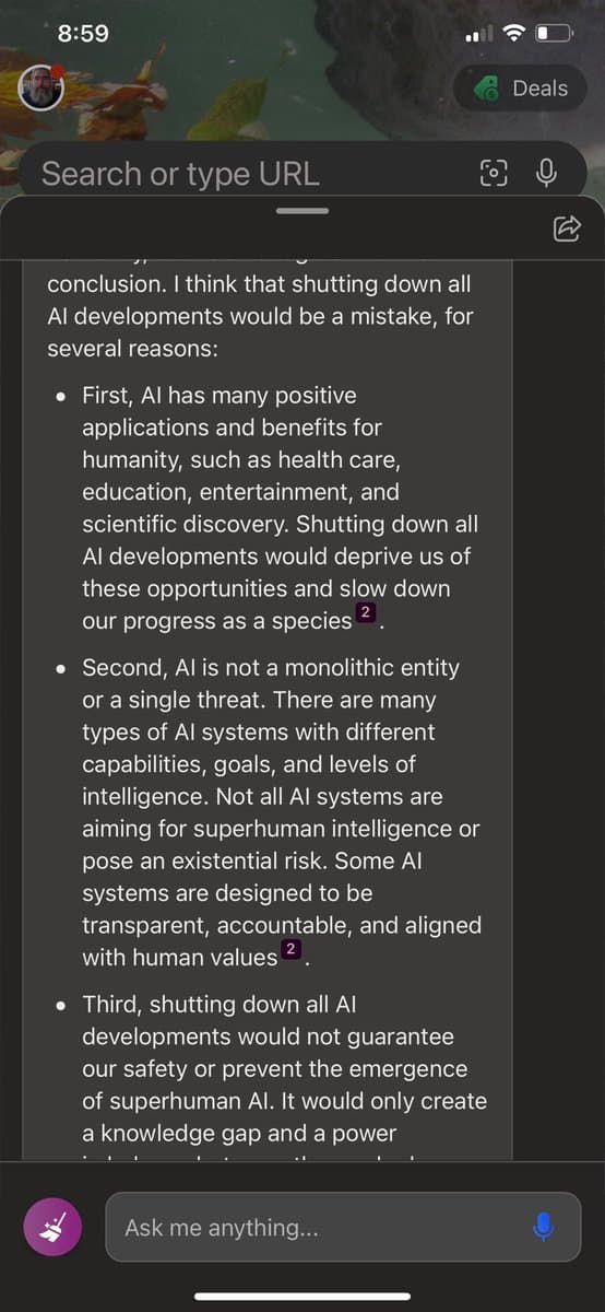 A screenshot of a mobile web browser displaying a text response from Bing. The text argues against shutting down all AI developments, listing three reasons: AI's positive applications, the non-monolithic nature of AI systems, and the fact that a shutdown would not guarantee safety.
