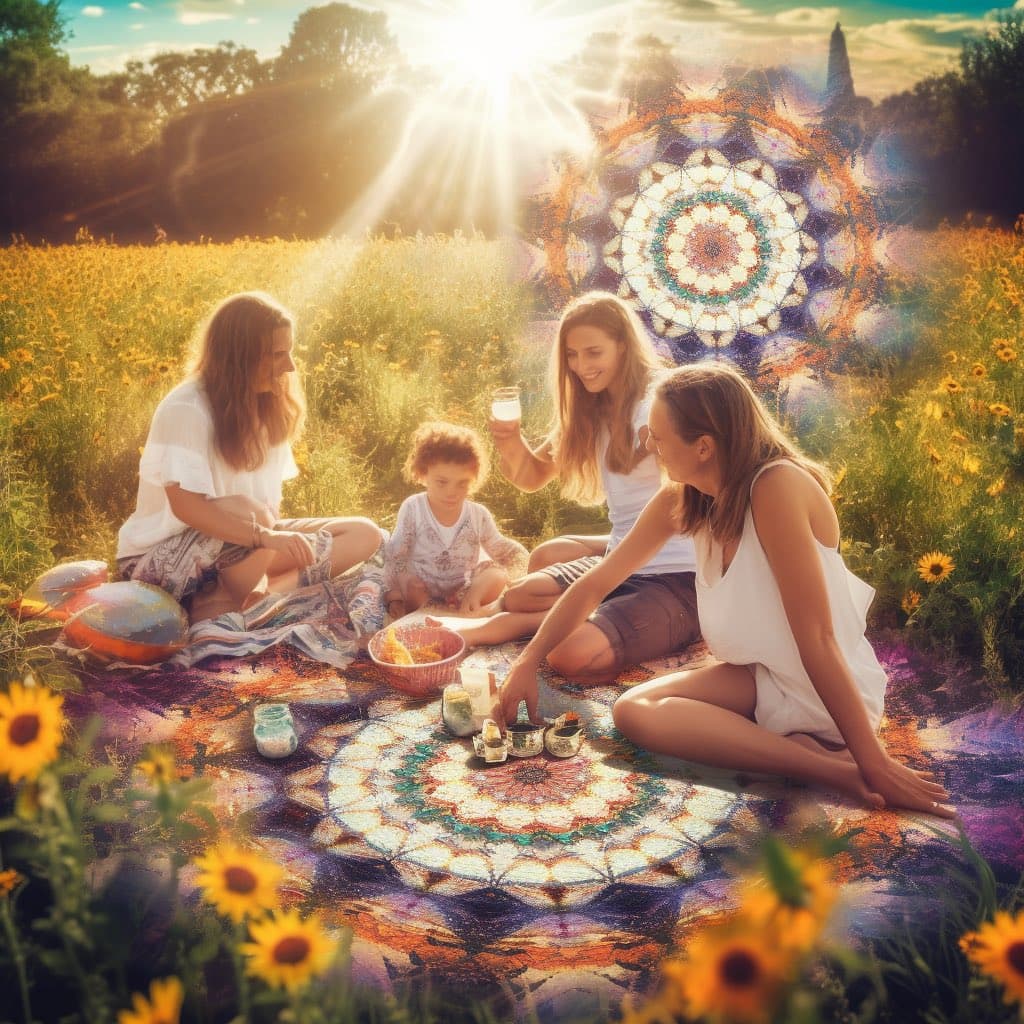 A digital art image depicting a group of people sitting on a colorful, mandala-patterned blanket in a sunlit field of sunflowers. The scene has a dreamlike quality with a large, glowing mandala in the background and a bright sunburst in the sky.